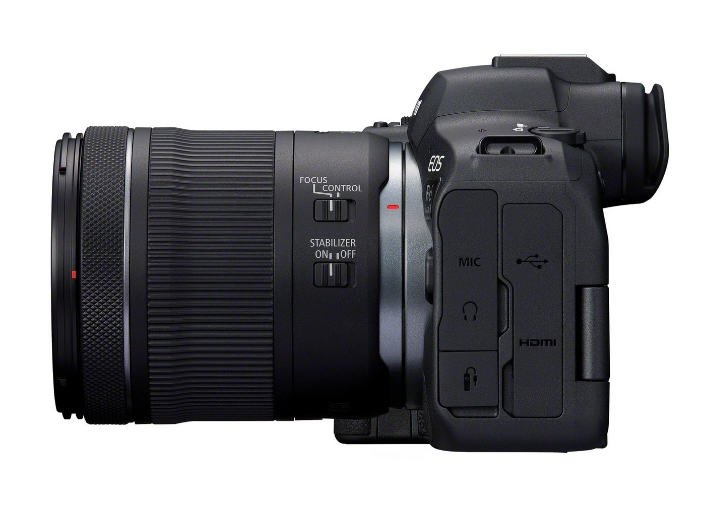 Eine schwarze Canon EOS R Digitalkamera mit einem Objektiv