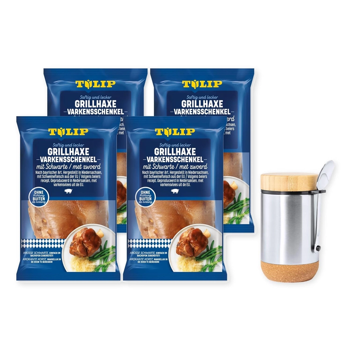 Vier Packungen Tulip Grillhaxe mit einem Becher.