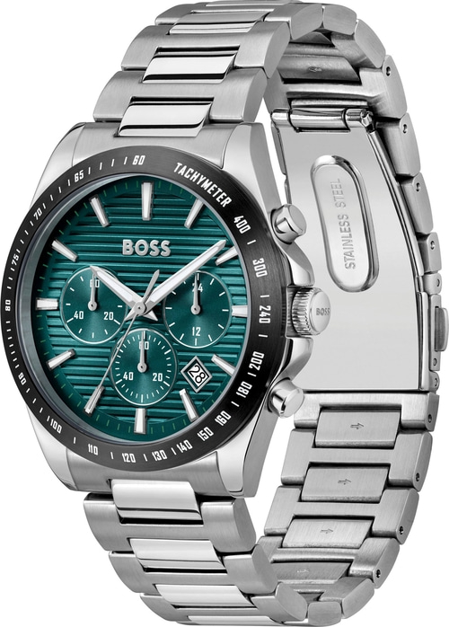 Hochwertige silberne Armbanduhr mit grünem Zifferblatt und Tachymeterskala.