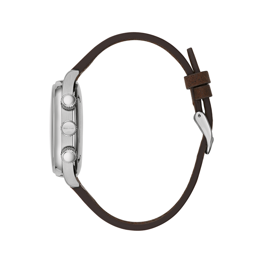 BULOVA 96A245 Armbanduhr Automatikuhr Herrenuhr Lederarmband 42 mm B-Ware Bulova-Uhr mit braunem Lederarmband und silbernem Gehäuse, Seitenansicht