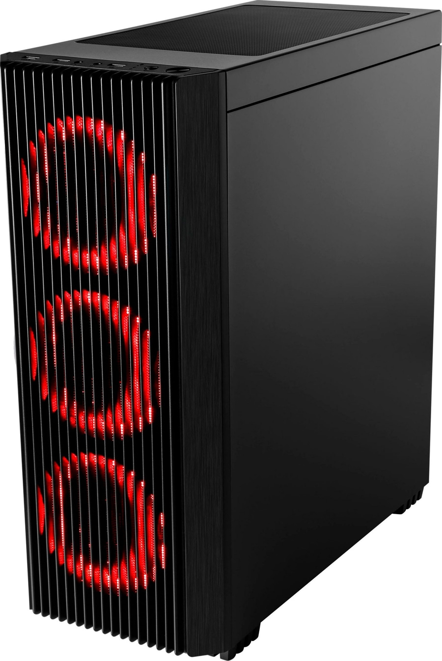 Schwarzer PC-Gehäuse mit roten Lichtern und vertikalen Streifen, Gaming-PC