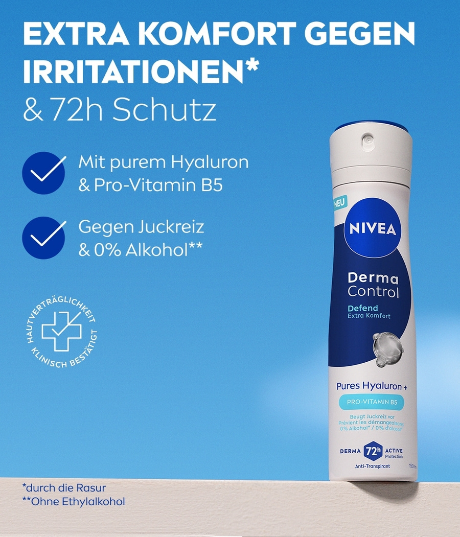 Nivea Derma Control Deodorant mit Hyaluron und Pro-Vitamin B5 für 72h Schutz.