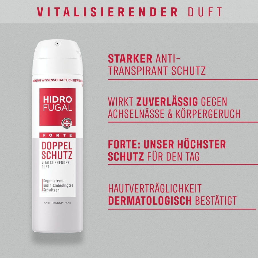 Deodorant Hidro Fugal Forte, doppelter Schutz, vitalisierender Duft, dermatologisch getestet.