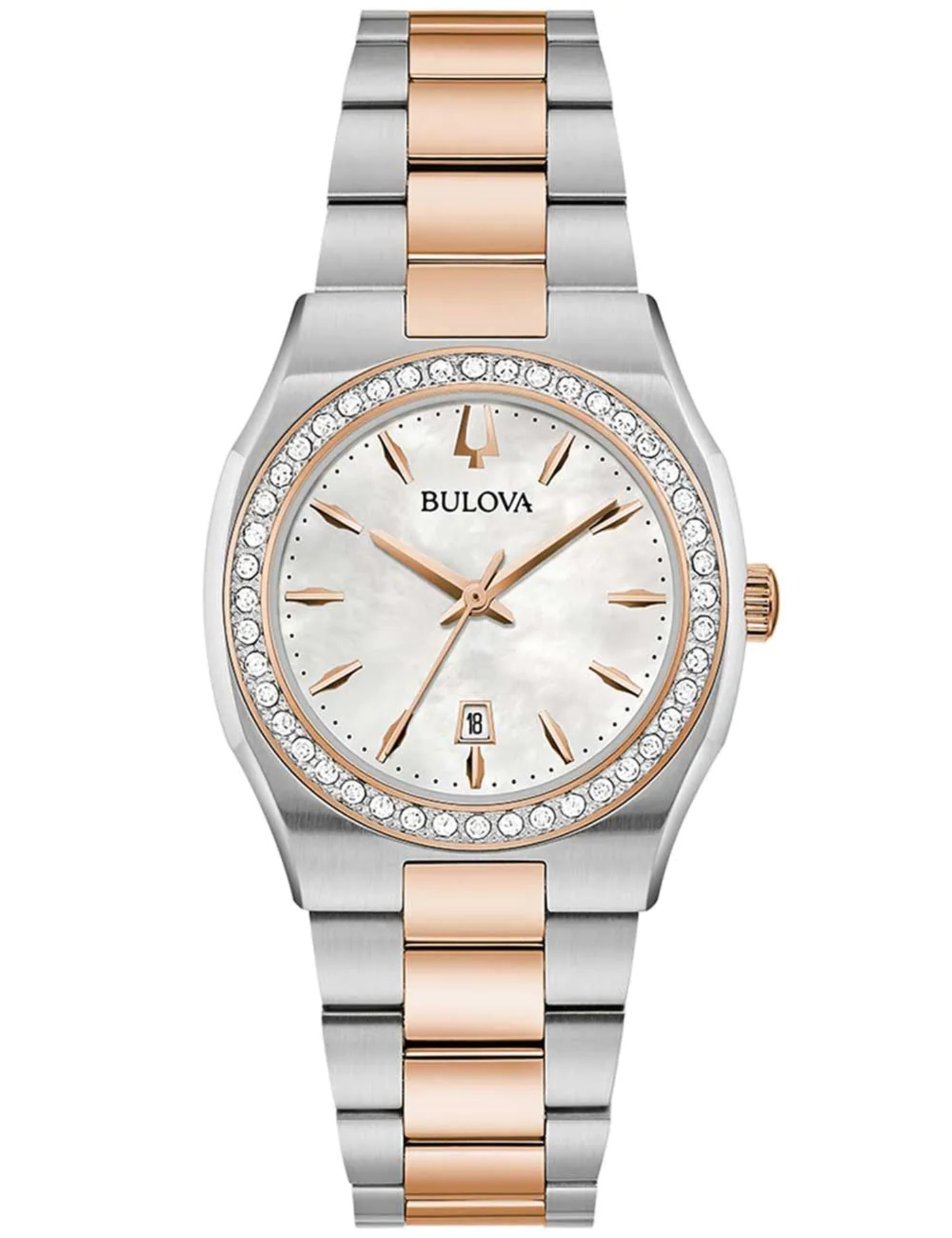Bulova Damenuhr mit Diamanten, silbernem Gehäuse und roségoldfarbenem Armband