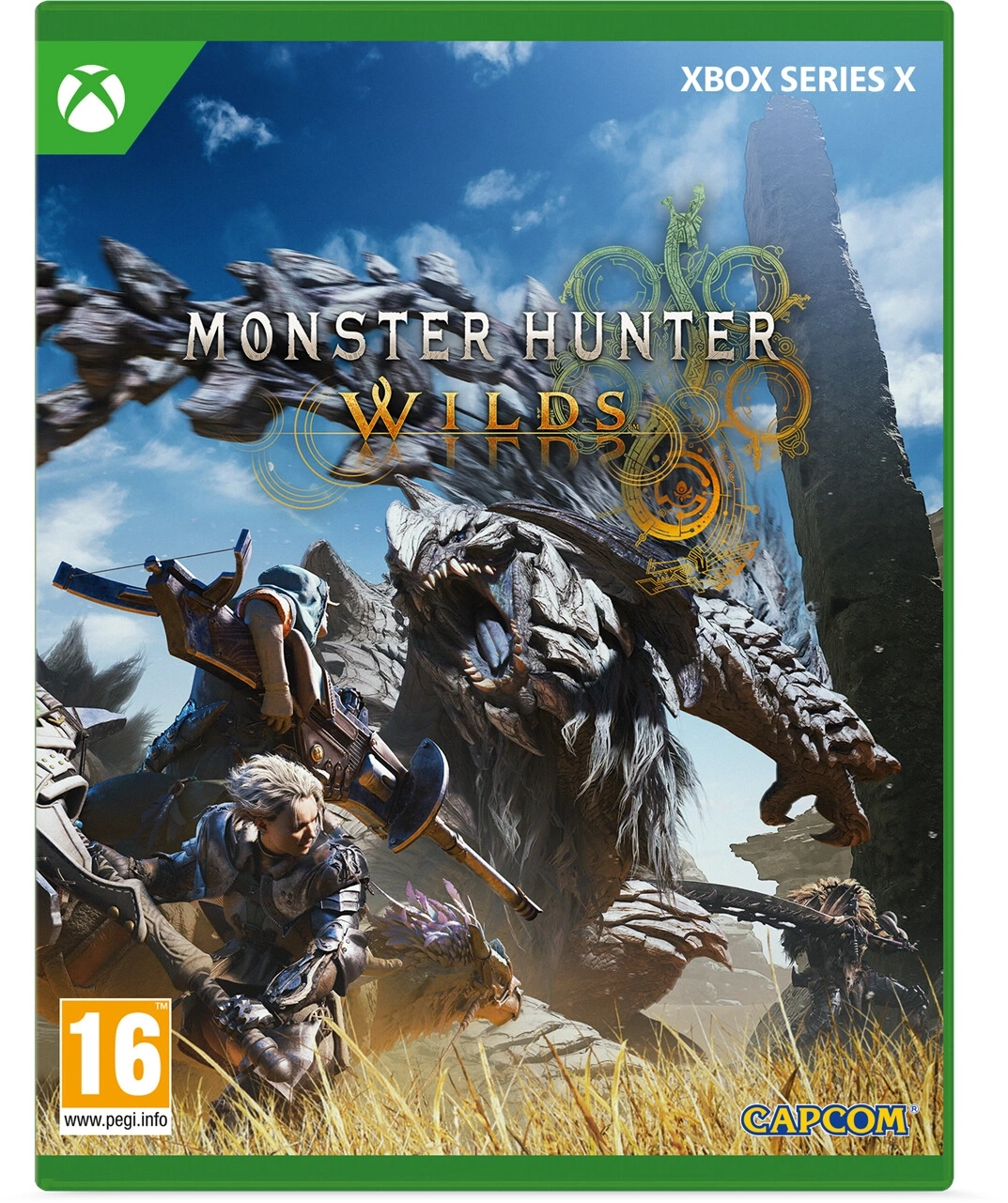 Monster Hunter Wilds Xbox Series X Spielcover mit Spielern und Monster.