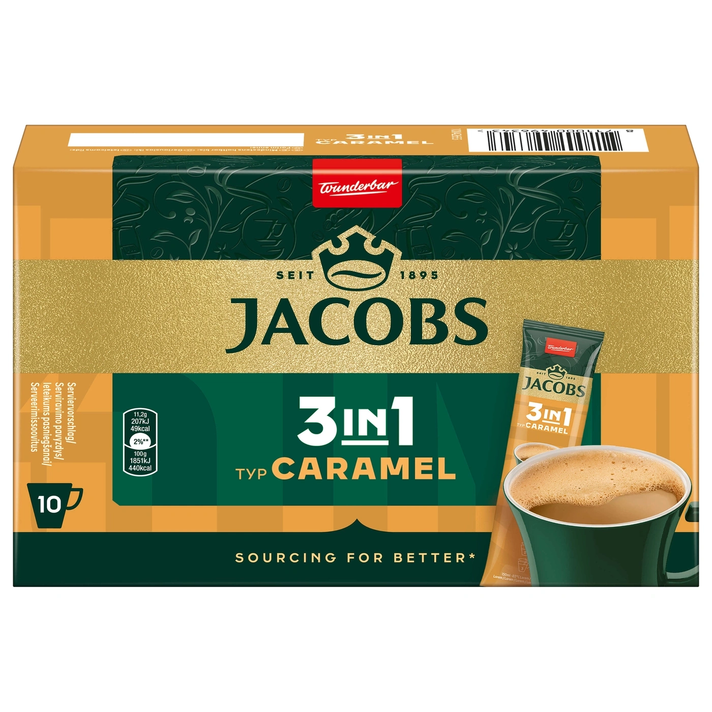 Jacobs 3in1 Caramel Kaffee-Packung mit 10 Beuteln, Wunderbar-Logo, Typ Caramel