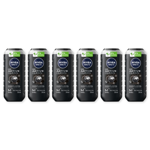Sechs Nivea Men Active Clean Duschgel Flaschen in einer Reihe.