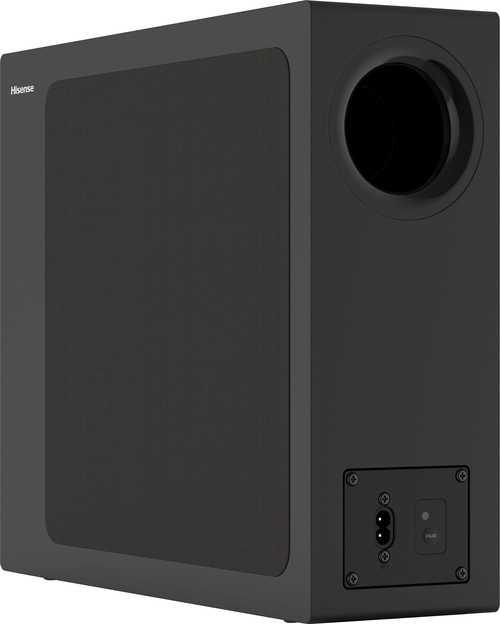 Schwarzer Subwoofer mit Hisense-Logo und Paarungstaste, Seitenansicht