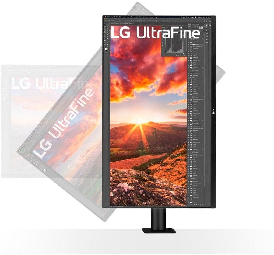 LG UltraFine Monitor mit Landschaftsbildschirm und schwarzem Ständer
