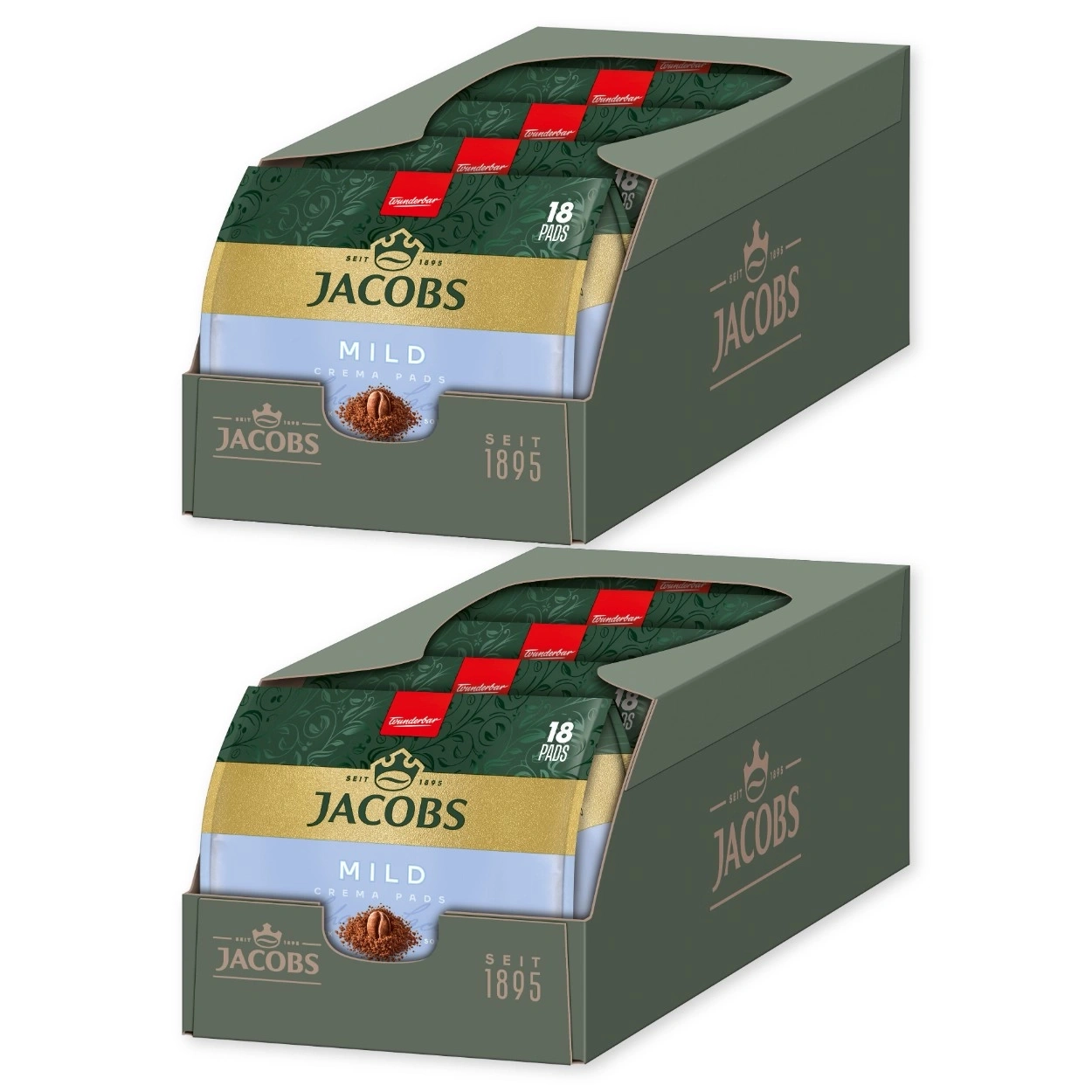 Zwei Kartons Jacobs Kaffee mit 18 Pads im "Mild" Geschmack.