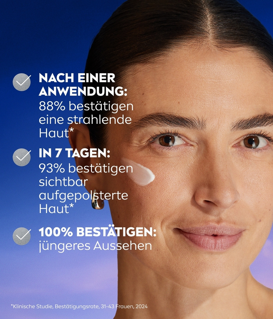 Hautpflege-Werbung: 88% bestätigen strahlende Haut, 93% aufgepolsterte Haut, 100% jüngeres Aussehen.