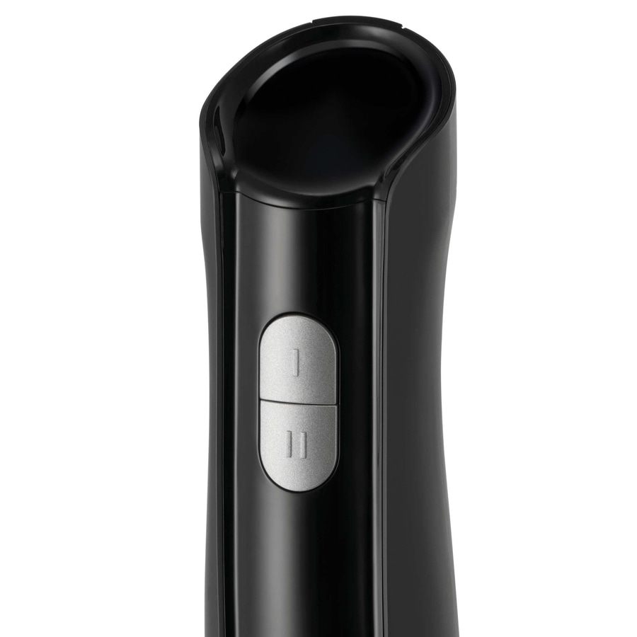 Schwarzer Stabmixer mit zwei Knöpfen und einem schwarzen Oberteil, Nahaufnahme