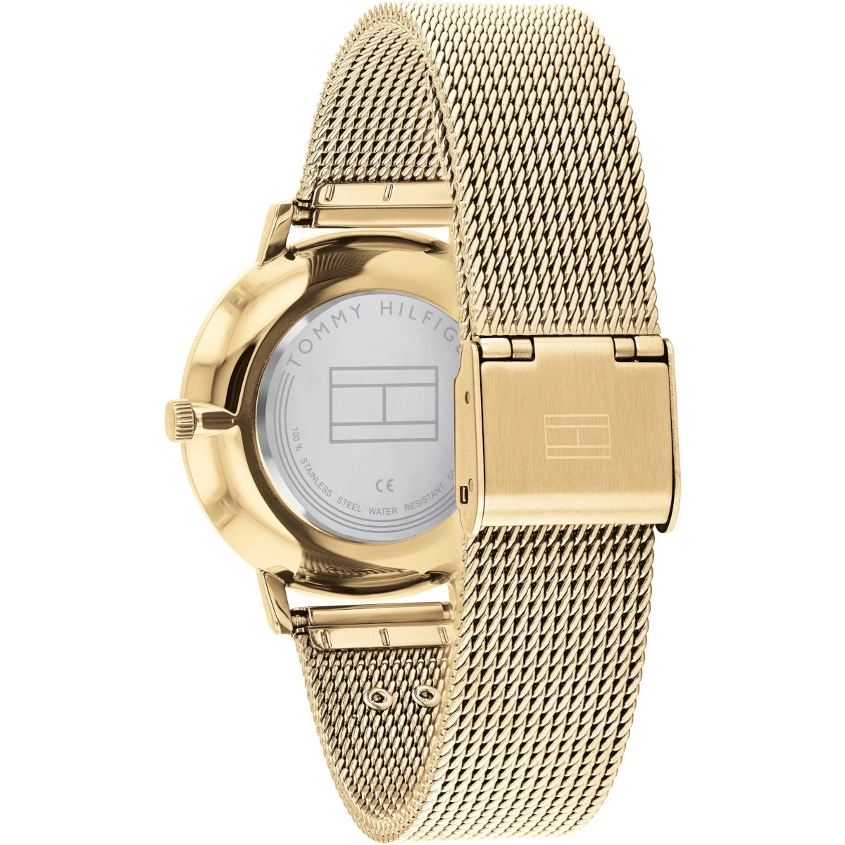 Detailansicht der Rückseite einer goldenen Tommy Hilfiger Uhr