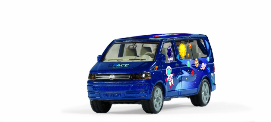 Blauer Van mit Weltraum-Design, Astronauten und Planeten, Spielzeugauto, glänzend