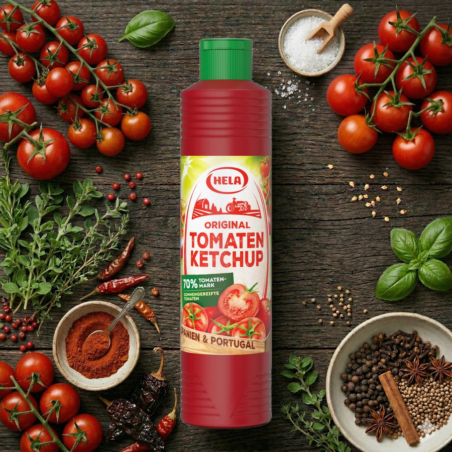 Eine Flasche Tomatenketchup mit Tomaten, Kräutern und Gewürzen