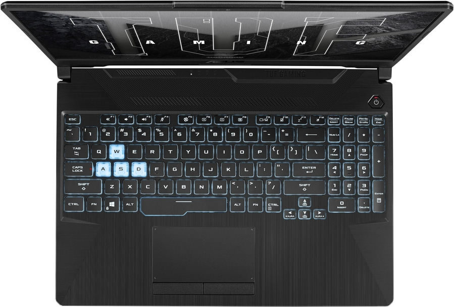 Laptop mit Tastatur, Bildschirm, Gaming-Design, schwarzes Gehäuse, beleuchtete Tasten, ASUS TUF-Serie, geöffnet