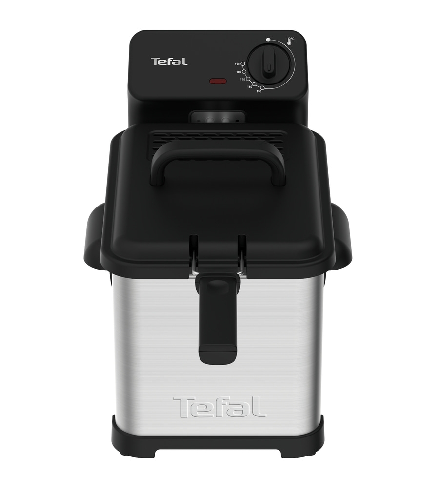 Tefal Fritteuse, schwarz und silber, mit Temperaturregler und Griff