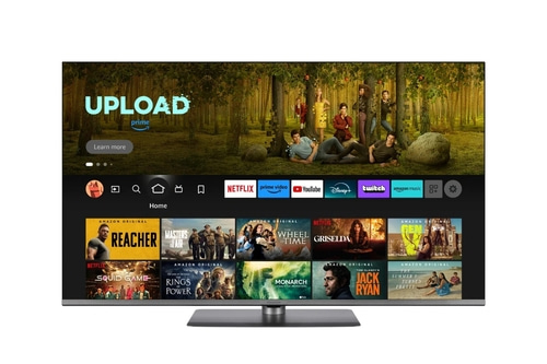 Fernseher mit Upload-App, Netflix, Prime Video, YouTube, Disney+, Twitch und Amazon Music.