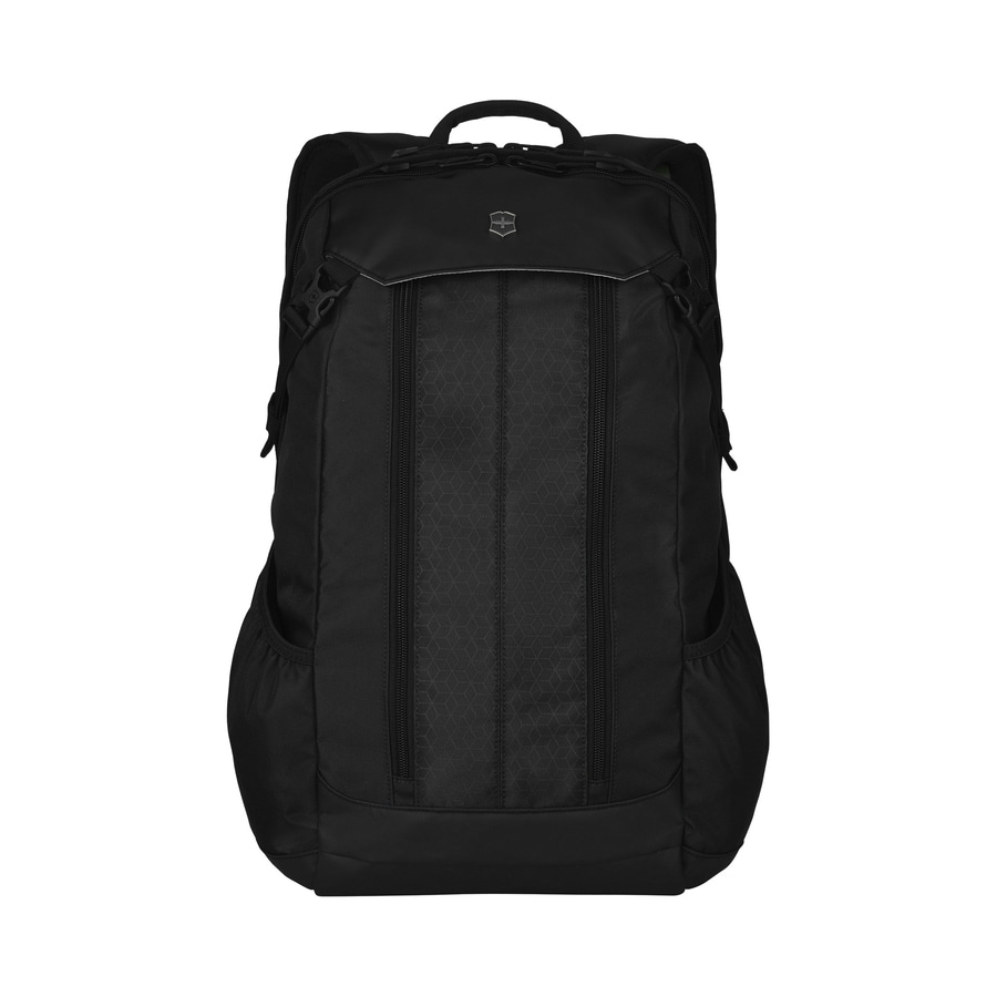 Schwarzer Rucksack mit Reißverschlüssen und Logo, ideal für den Alltag.