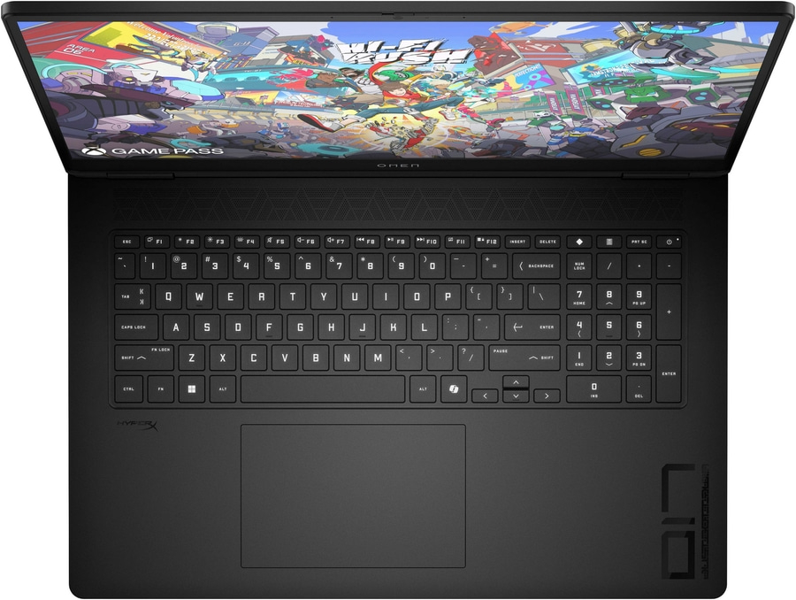 Schwarzer Laptop mit Tastatur und Bildschirm, auf dem ein Spiel angezeigt wird.