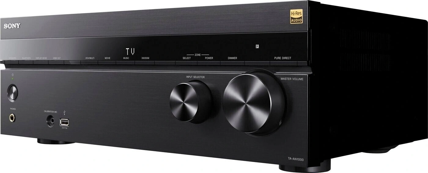 Sony Receiver mit Hi-Res Audio und zahlreichen Knöpfen und Reglern.
