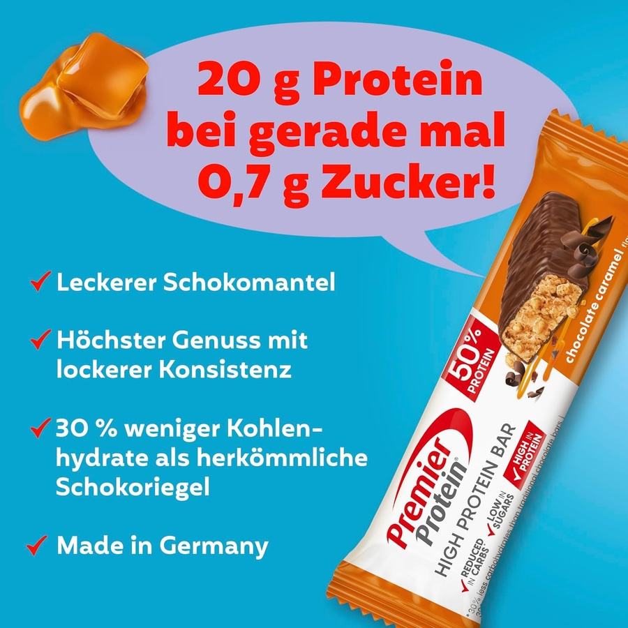 Ein Premier Protein Riegel mit Schokomantel und Karamellgeschmack