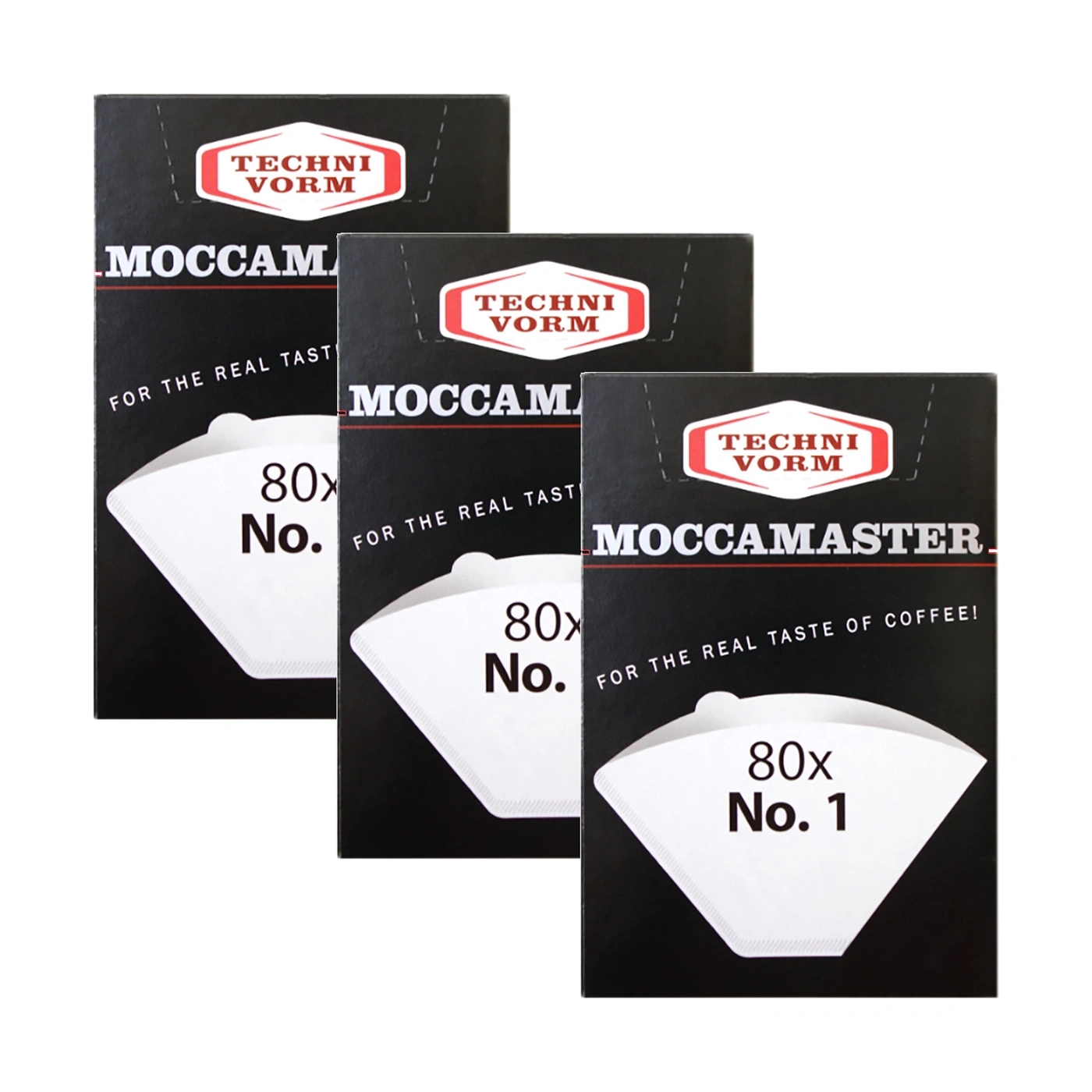 Drei Packungen Moccacoffefilter mit dem Schriftzug Technivorm und Moccacoffee.
