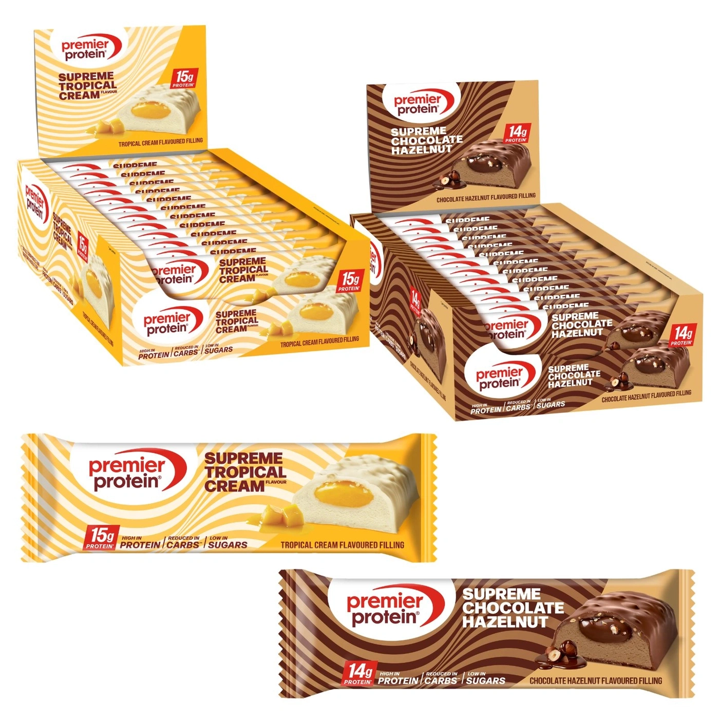 Schokoladen-Haselnuss und tropische Cremeproteinriegel mit Kartons und einzelnen Riegeln.