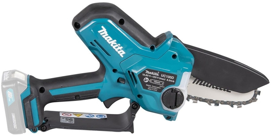 Eine Makita Akku-Kettensäge, Modell UC100D, mit 100mm Schnittlänge.