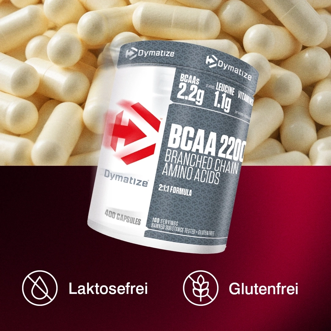 Dymatize BCAA 2200 mit Laktosefrei und Glutenfrei Kennzeichnungen.
