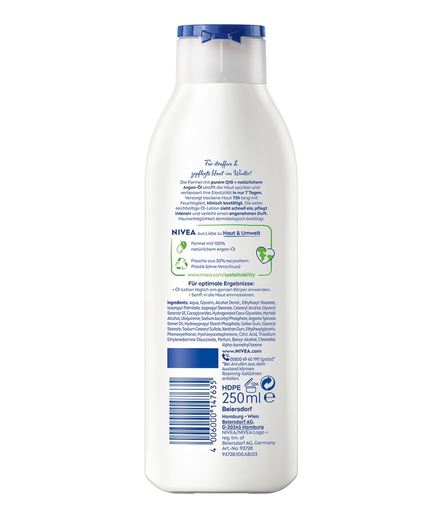 Nivea Körperlotion mit Argan-Öl, für straffere Haut, 250ml Flasche, Hautpflegeprodukt