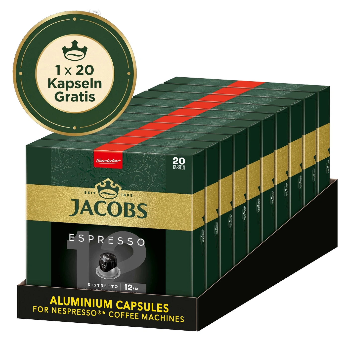 Verpackung mit Jacobs Espresso Ristretto Kapseln und einem Gratis-Angebot.