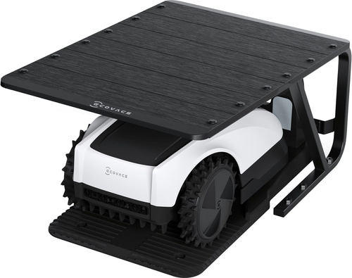 Schwarzer Roboter-Rasenmäher mit Ladestation und ECOVACS-Logo, bereit für den Einsatz im Garten.