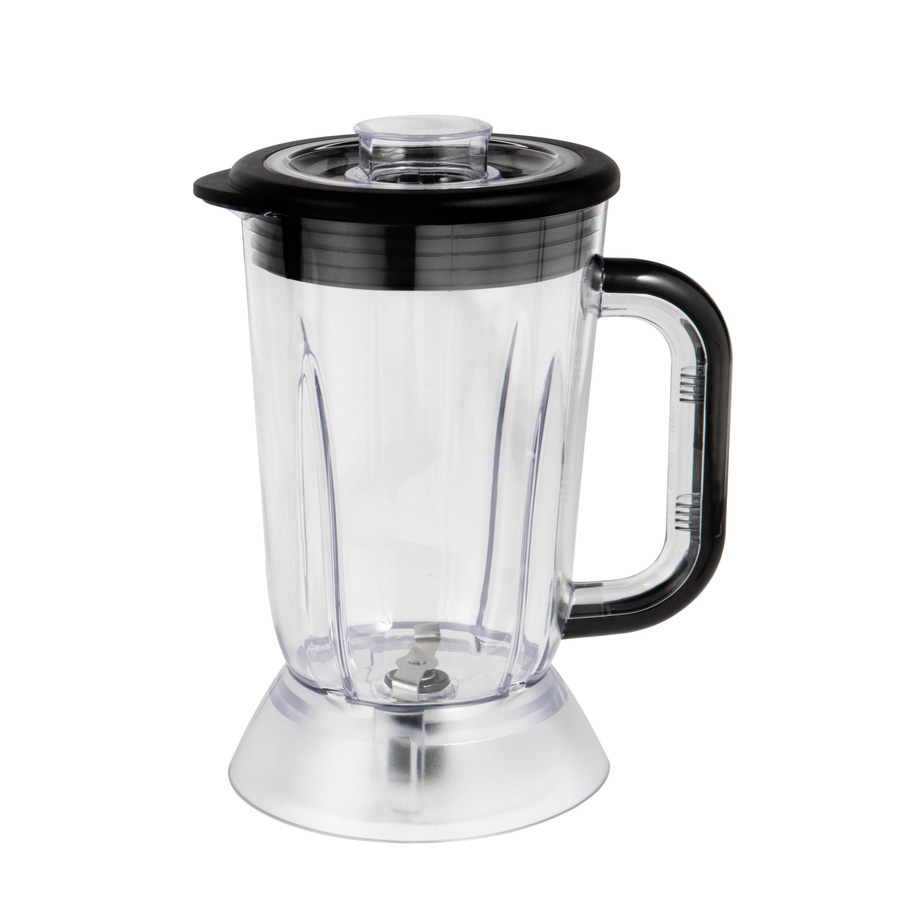 Transparenter Mixer mit schwarzem Deckel und Griff, isoliert auf weißem Hintergrund.