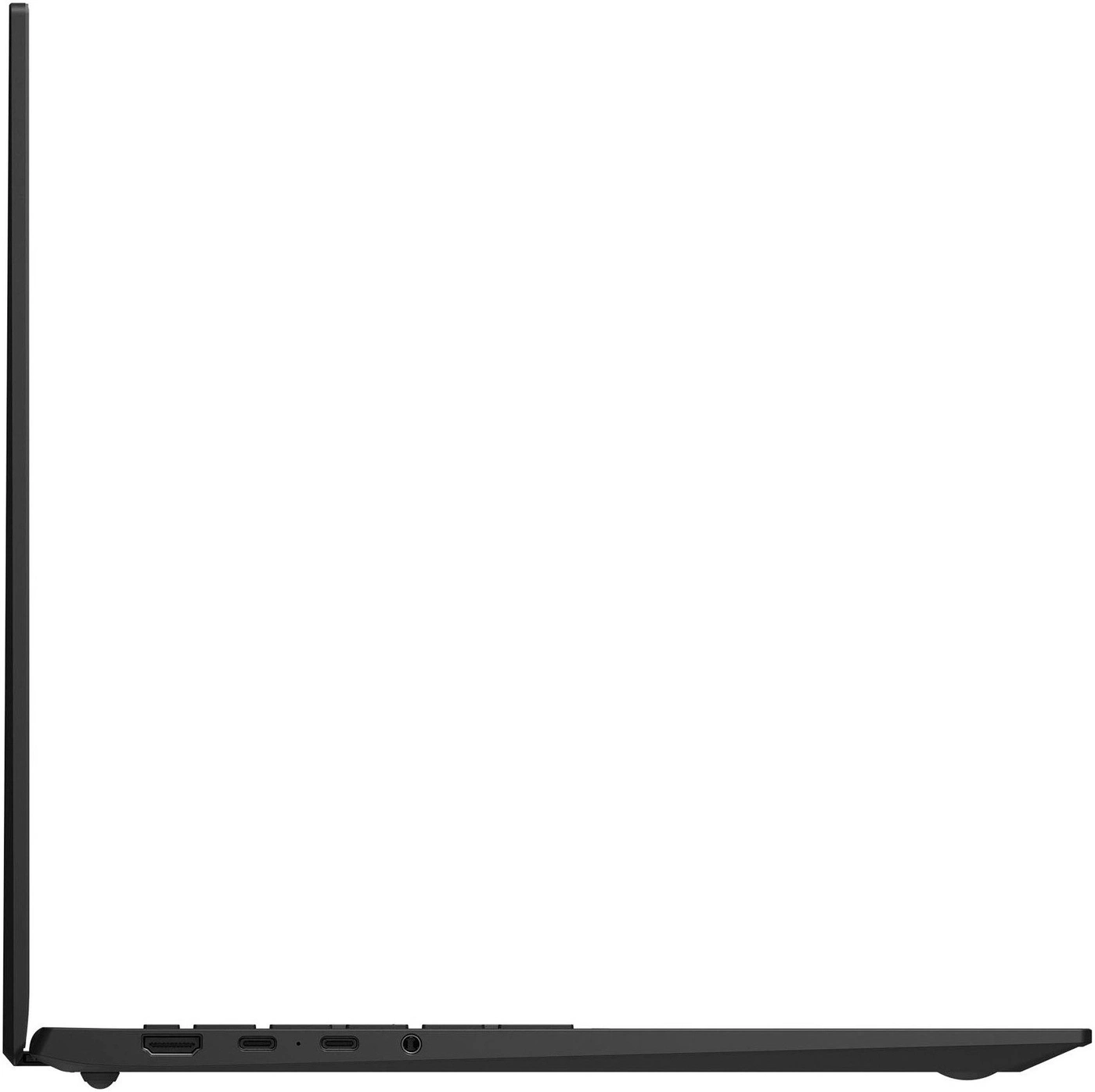 Seitenansicht eines schwarzen Laptops mit Anschlüssen.