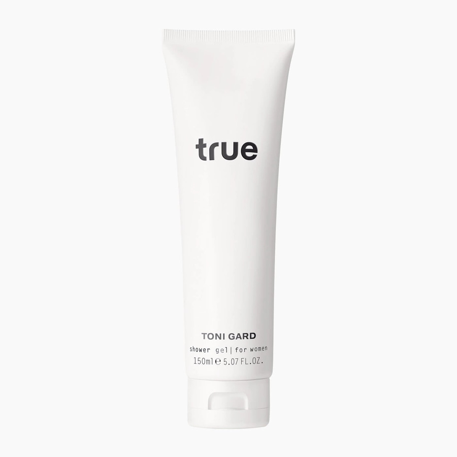 Weisse Tube mit der Aufschrift 'true' und 'TONI GARD' Duschgel für Frauen.