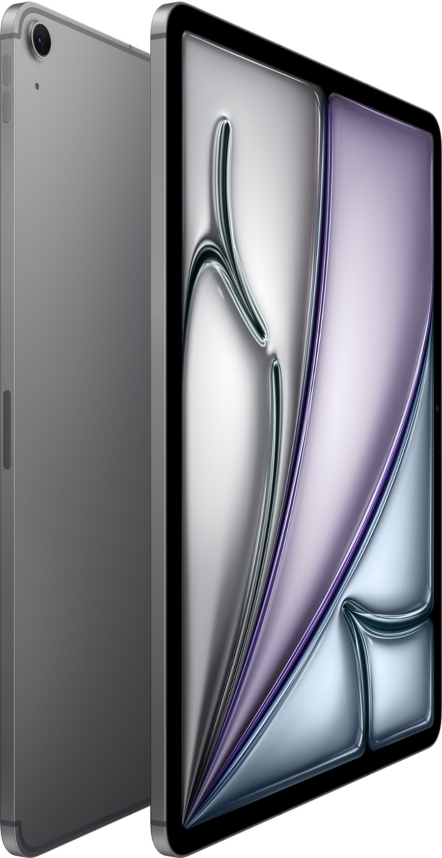 Ein silbernes Tablet mit einem abstrakten, flüssigen Hintergrund auf dem Bildschirm.