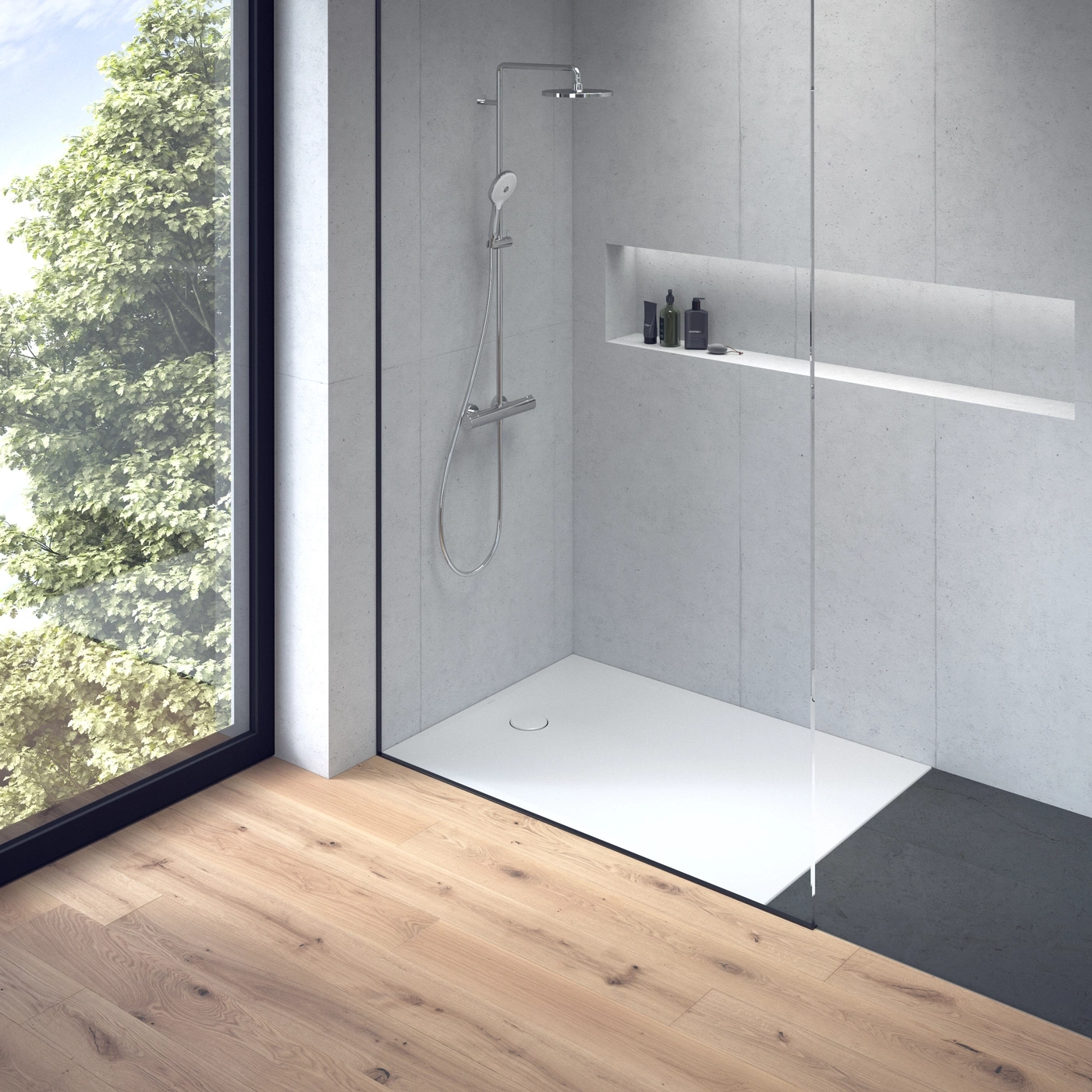 Modernes Badezimmer mit Dusche, Fenster und Holzboden. Minimalistisches Design.