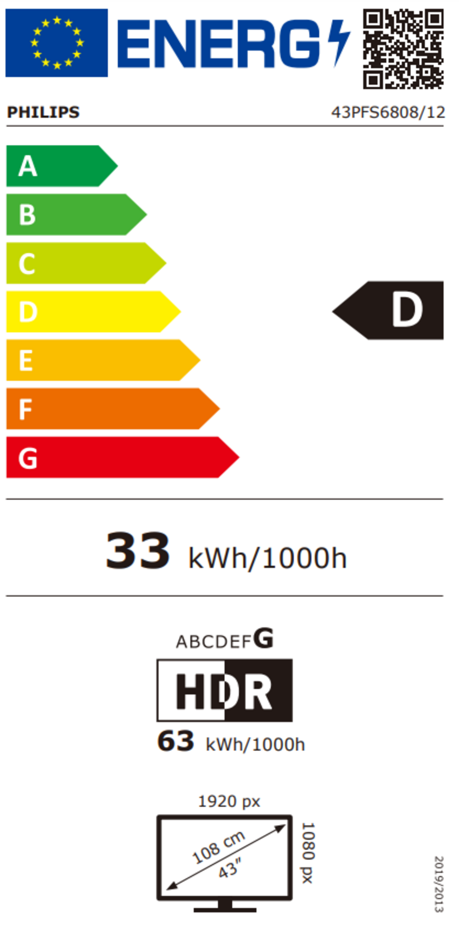 Energieeffizienzlabel für Philips Fernseher, Energieklasse D, 33 kWh/1000h, HDR