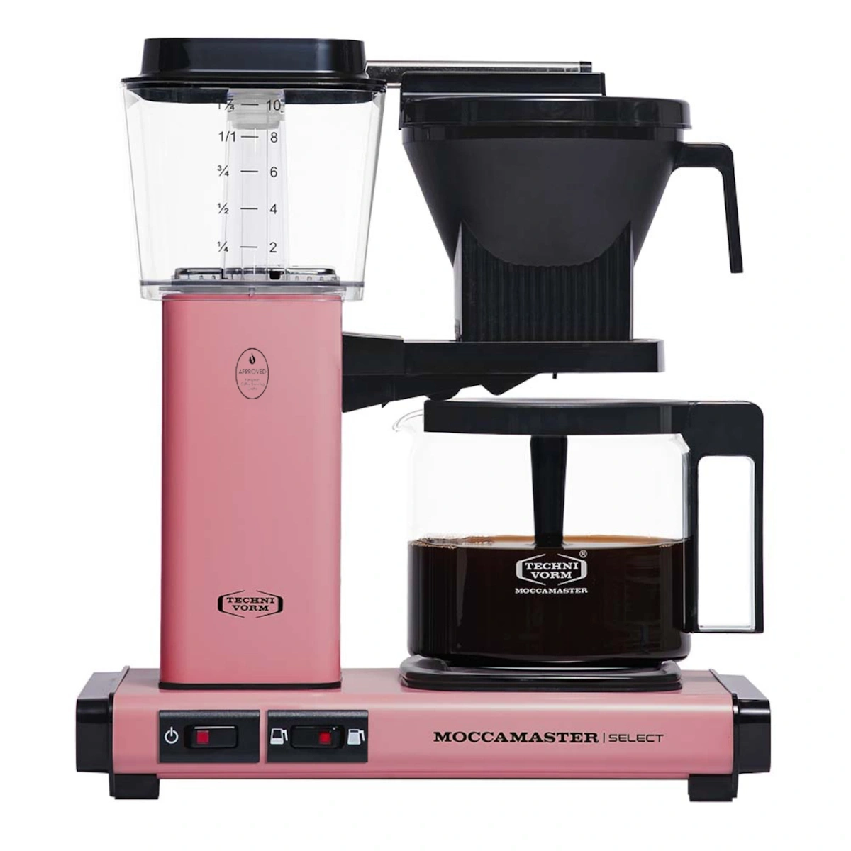 Ein rosafarbener Moccacafé-Maschine mit einem Glasbehälter voller Kaffee.