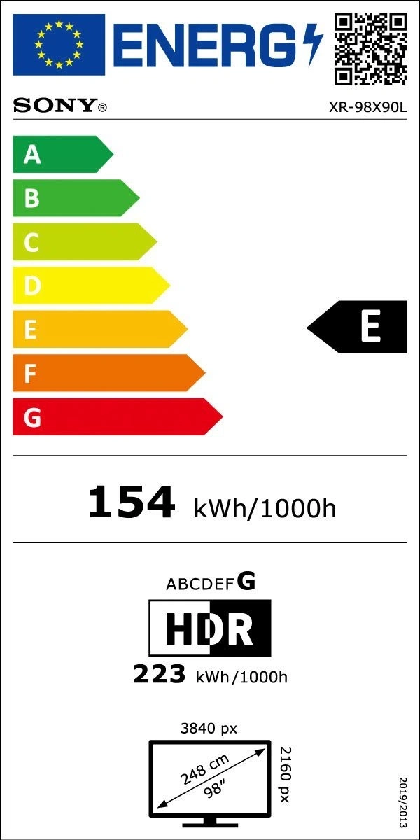 Energielabel für einen Sony Fernseher mit Energieeffizienzklasse E, 154 kWh/1000h
