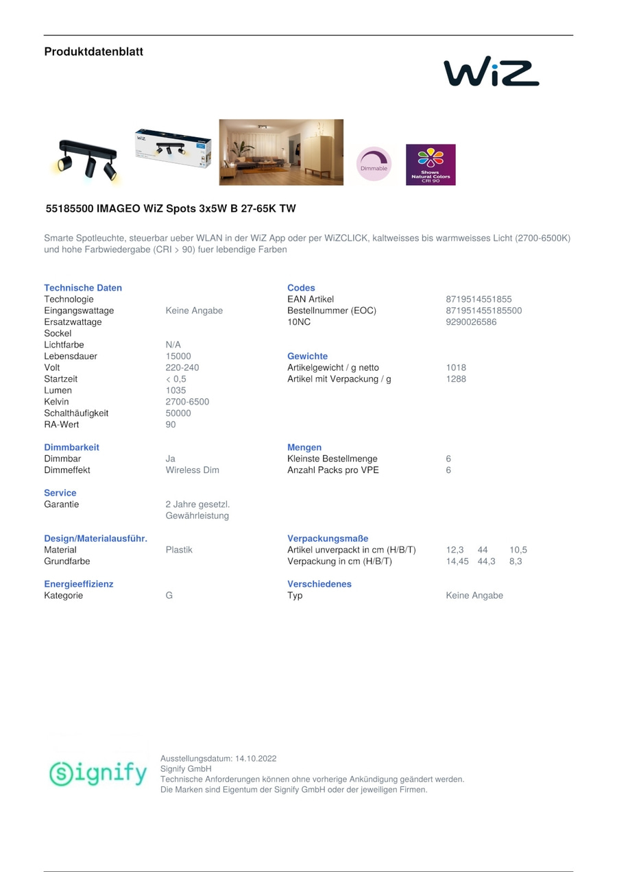 Wiz 3er LED Wand-/ Deckenspot WiFi Deckenleuchte Wandleuchte Dimmbar NEU