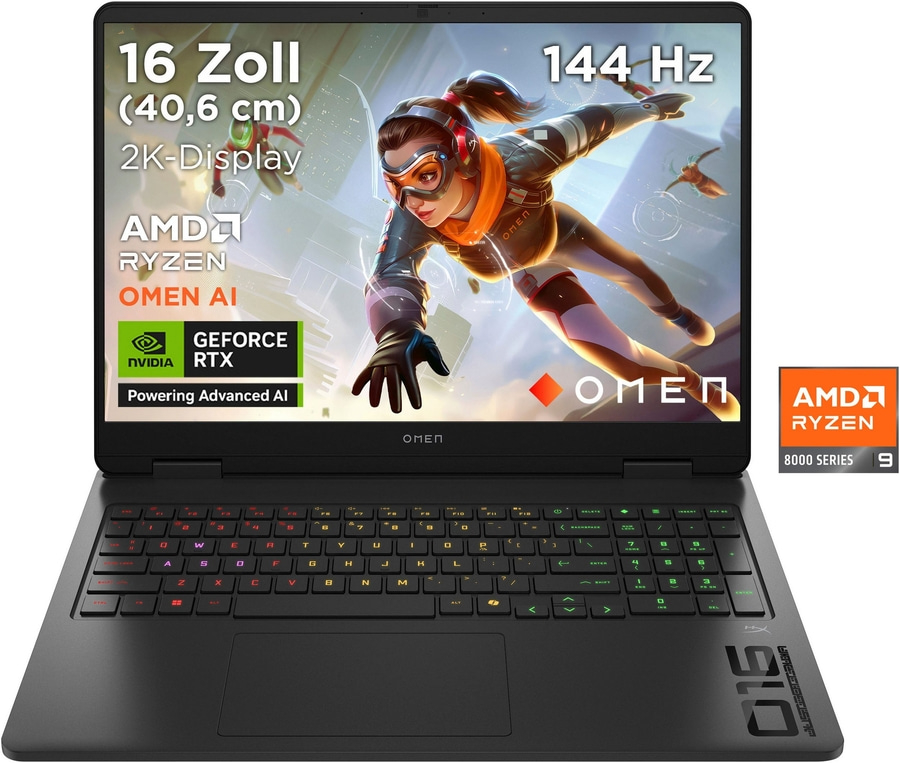 Ein Gaming-Laptop mit schwarzem Design und beleuchteter Tastatur.
