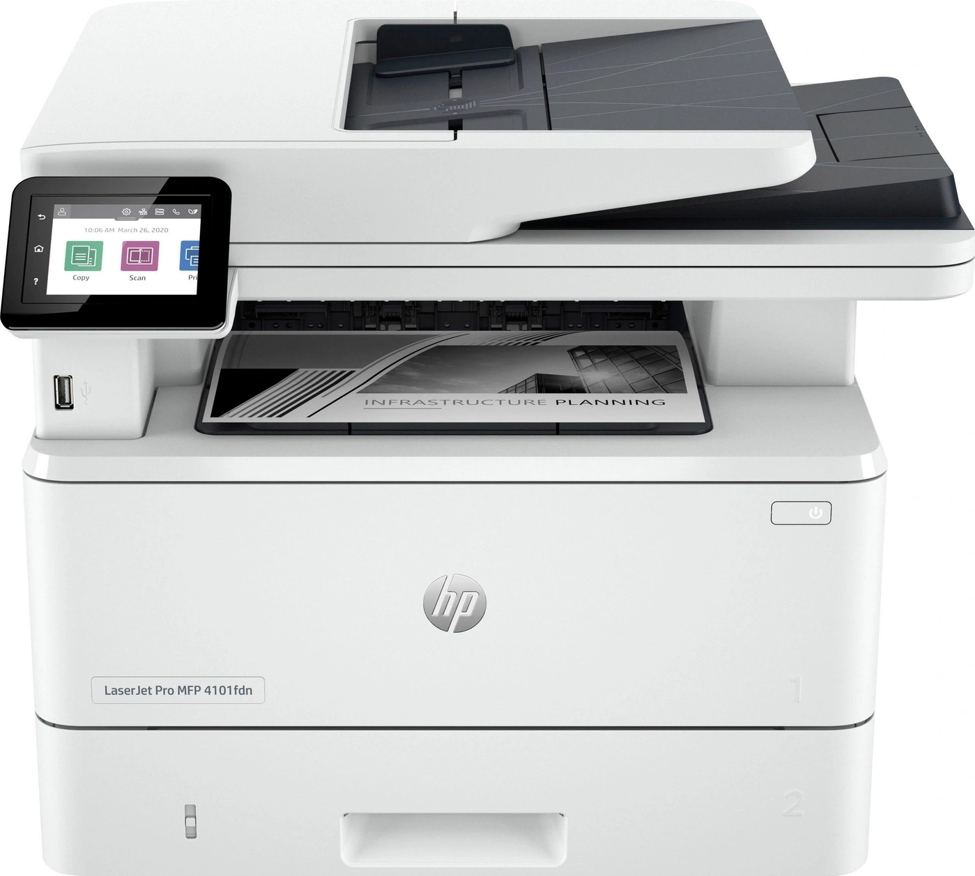 HP LaserJet Pro MFP 4101fdn Drucker mit Touchscreen und USB-Anschluss.