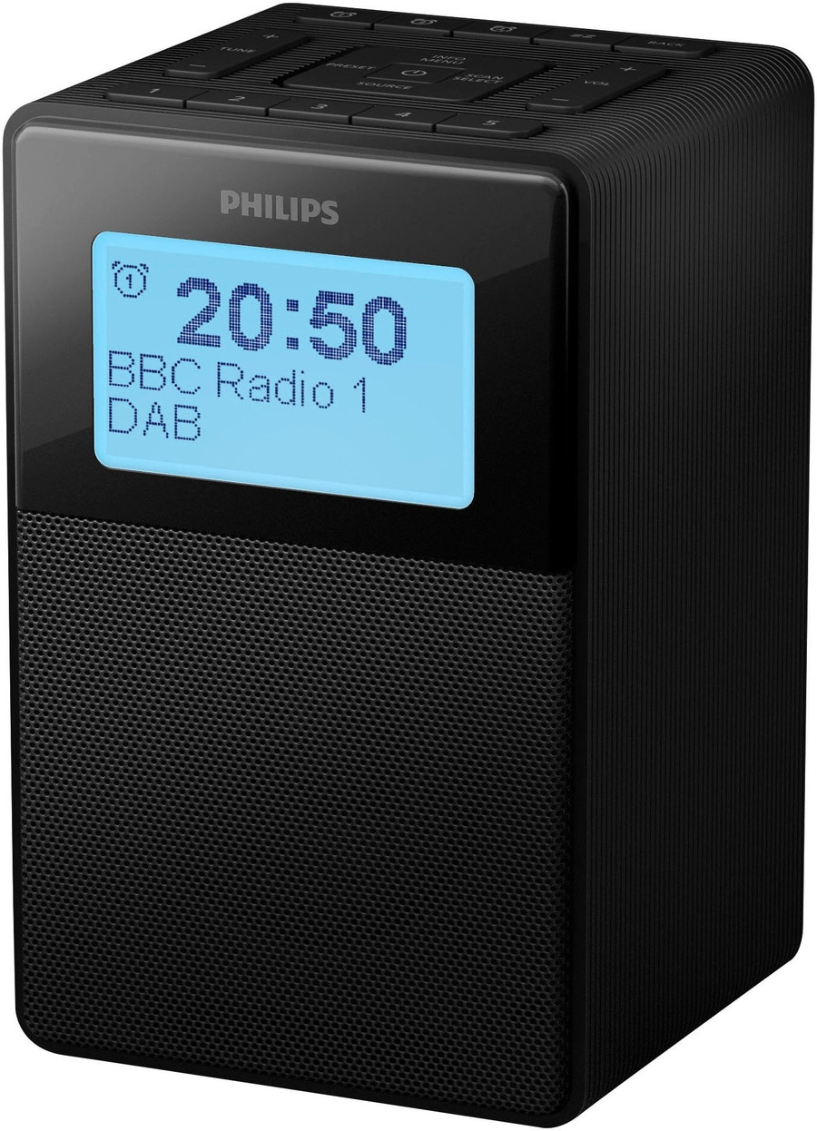 Ein schwarzer Philips DAB-Radio mit blauem Display, das 20:50 und BBC Radio 1 DAB anzeigt.