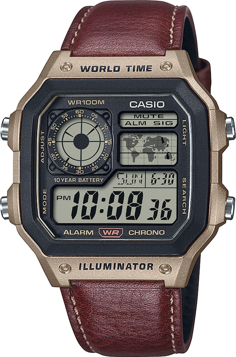 Casio Uhr mit Lederarmband, Digitalanzeige, Weltzeit, Alarm und Beleuchtung.