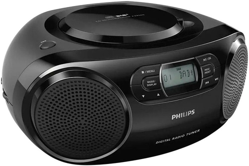 Schwarzes Philips Digitalradio mit DAB+, CD-Player und Lautsprechern. Mit Display und Knöpfen.