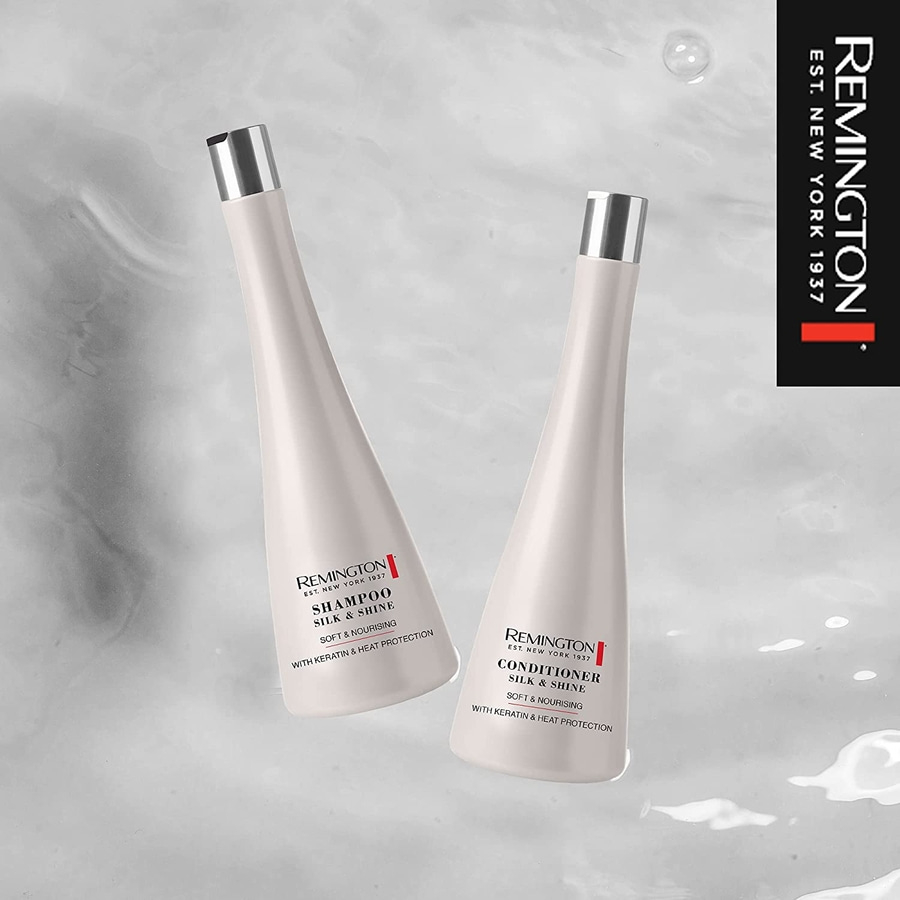 Zwei Remington Shampoo- und Conditioner-Flaschen, Silk & Shine, weich und pflegend.