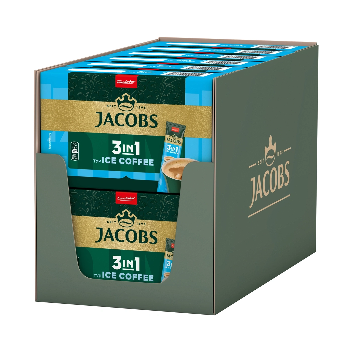 Verpackung mit Jacobs 3in1 Eiskaffee-Päckchen in einem grünen Kartonaufsteller