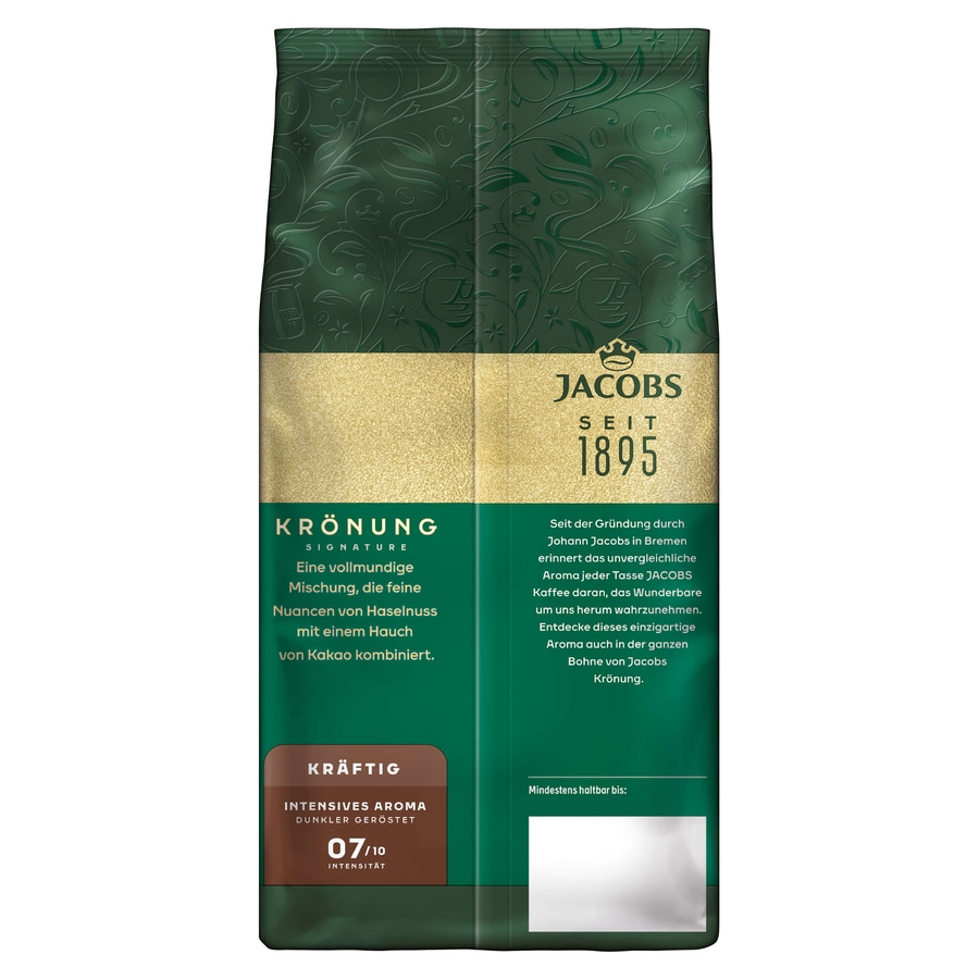 Kaffeepackung Jacobs Krönung, dunkle Röstung, Haselnuss-Kakao-Aroma, Intensität 7/10